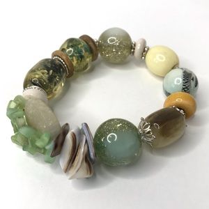 Bracelet Stretch Shells, Beads Green Boho Festival